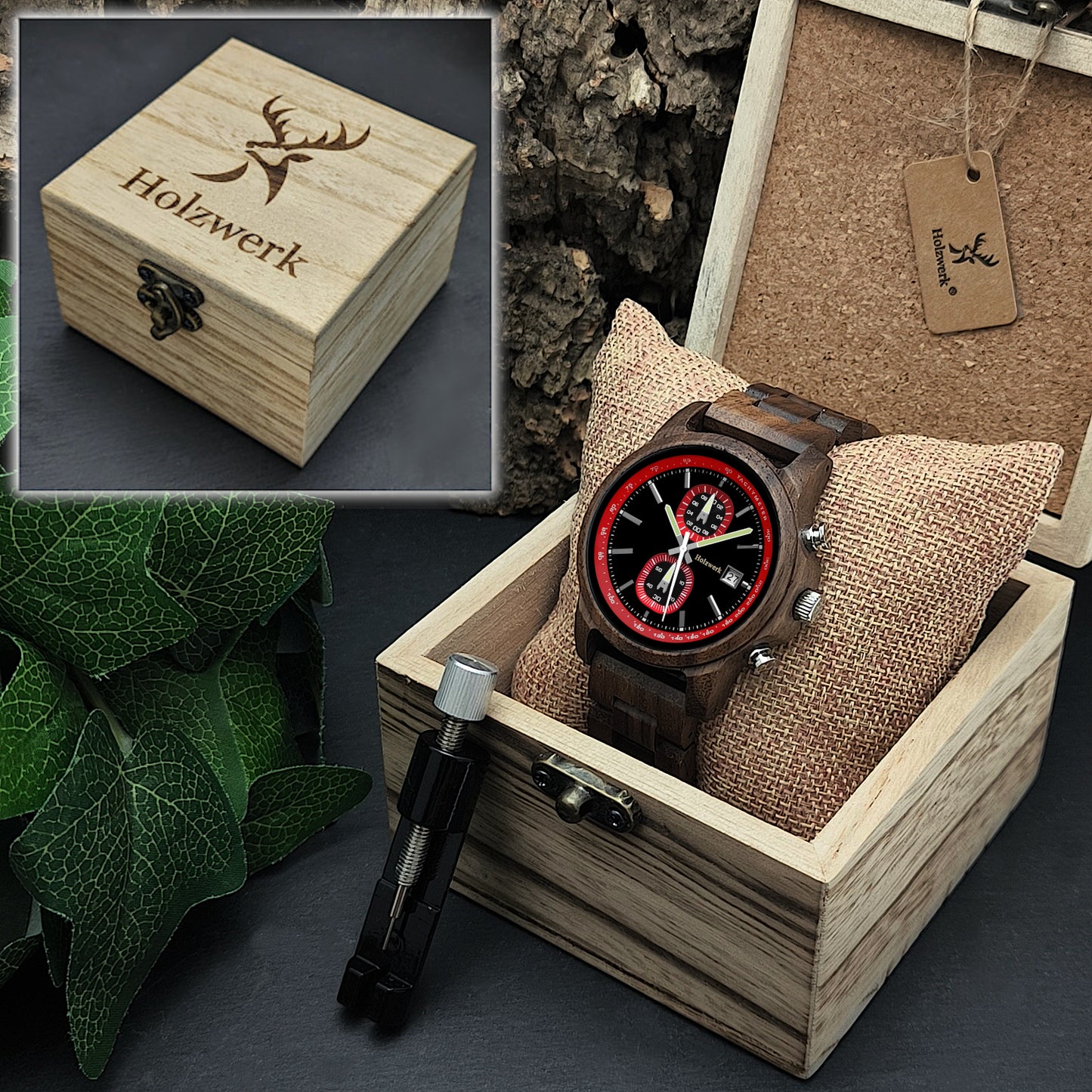 Holzwerk ROTENBURG Chronographen-Uhr aus Holz mit zwei Chronographen, Datum und rot-schwarzem Zifferblatt in Holzwerk Uhrenbox