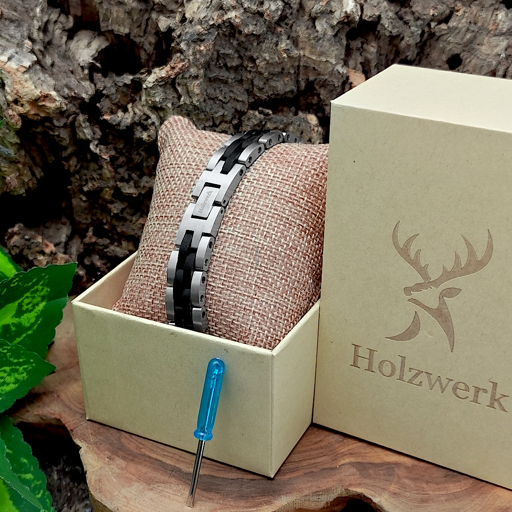 Holzwerk SANDASEE silber-schwarzes Holz Armband aus Ebonyholz und Edelstahl mit Gliederkonstruktion in Holzwerk Uhrenbox