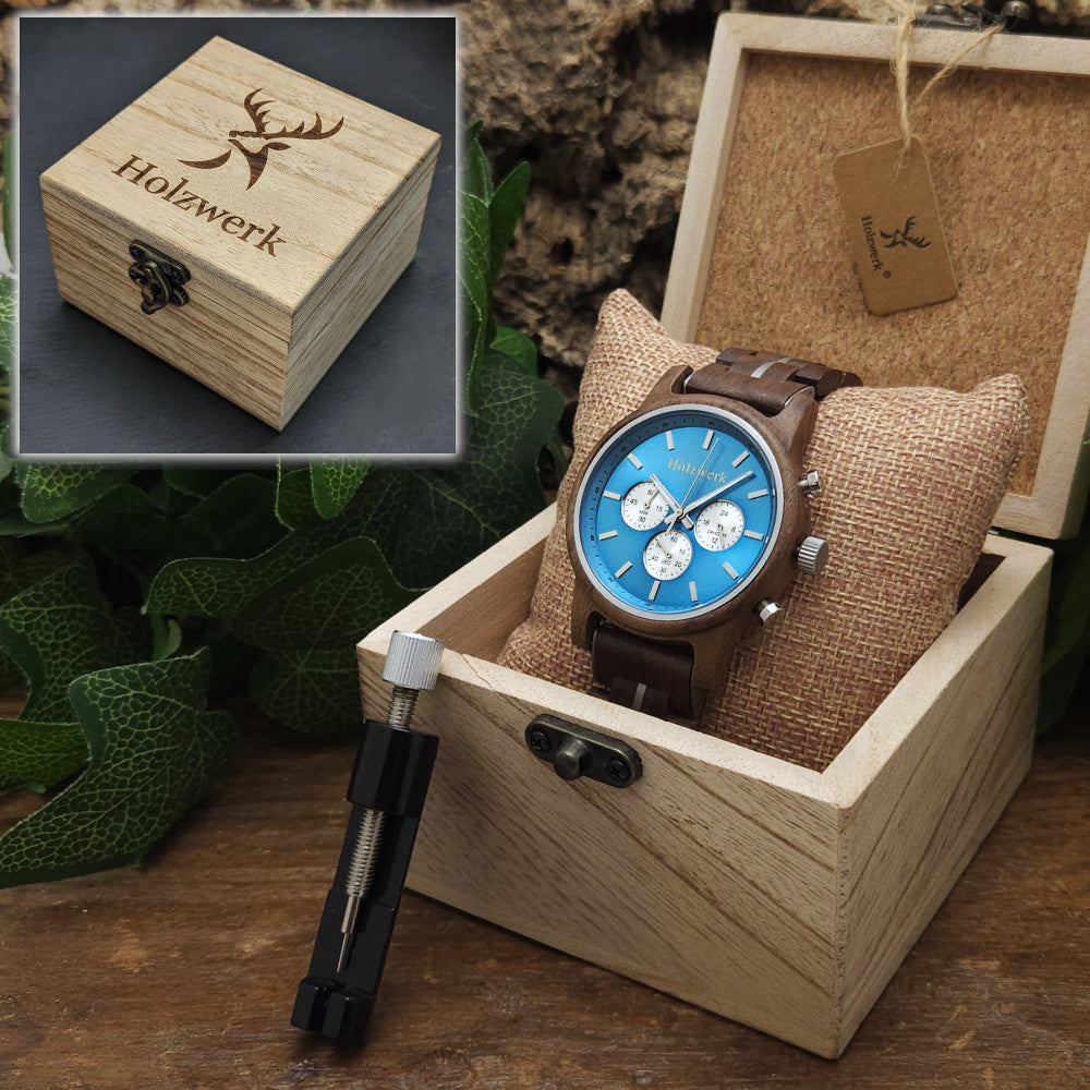 Holzwerk SOLTAU Unisexuhr mit weiß blauem Zifferblatt sowie drei Chronographen und braunem Holzarmband, in Holzwerk Uhrenbox