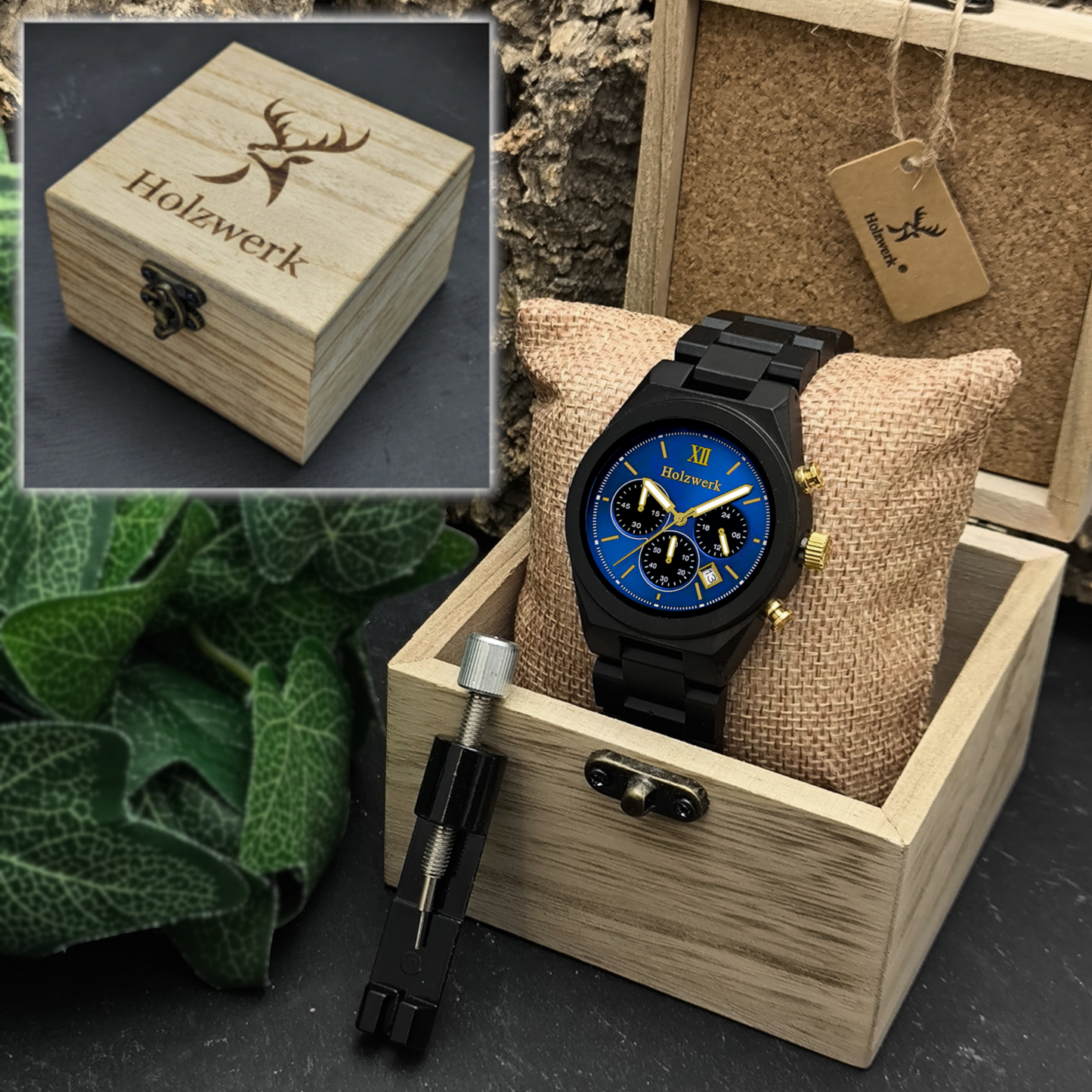 Holzwerk TORGAU Chronographen-Uhr aus Ebony-Holz mit Chronographen, Datumsanzeige und Detailaufnahme der Holzwerk Verpackung