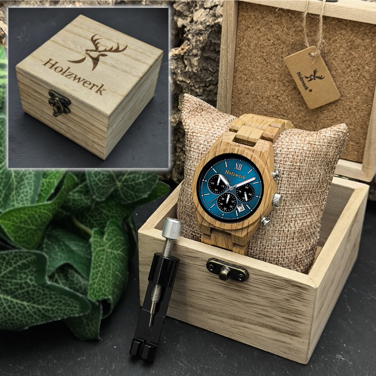 Holzwerk VERSMOLD Chronographen-Uhr aus Olivenholz mit Chronographen und Datumsanzeige, Detailaufnahme der Holzwerk Verpackung