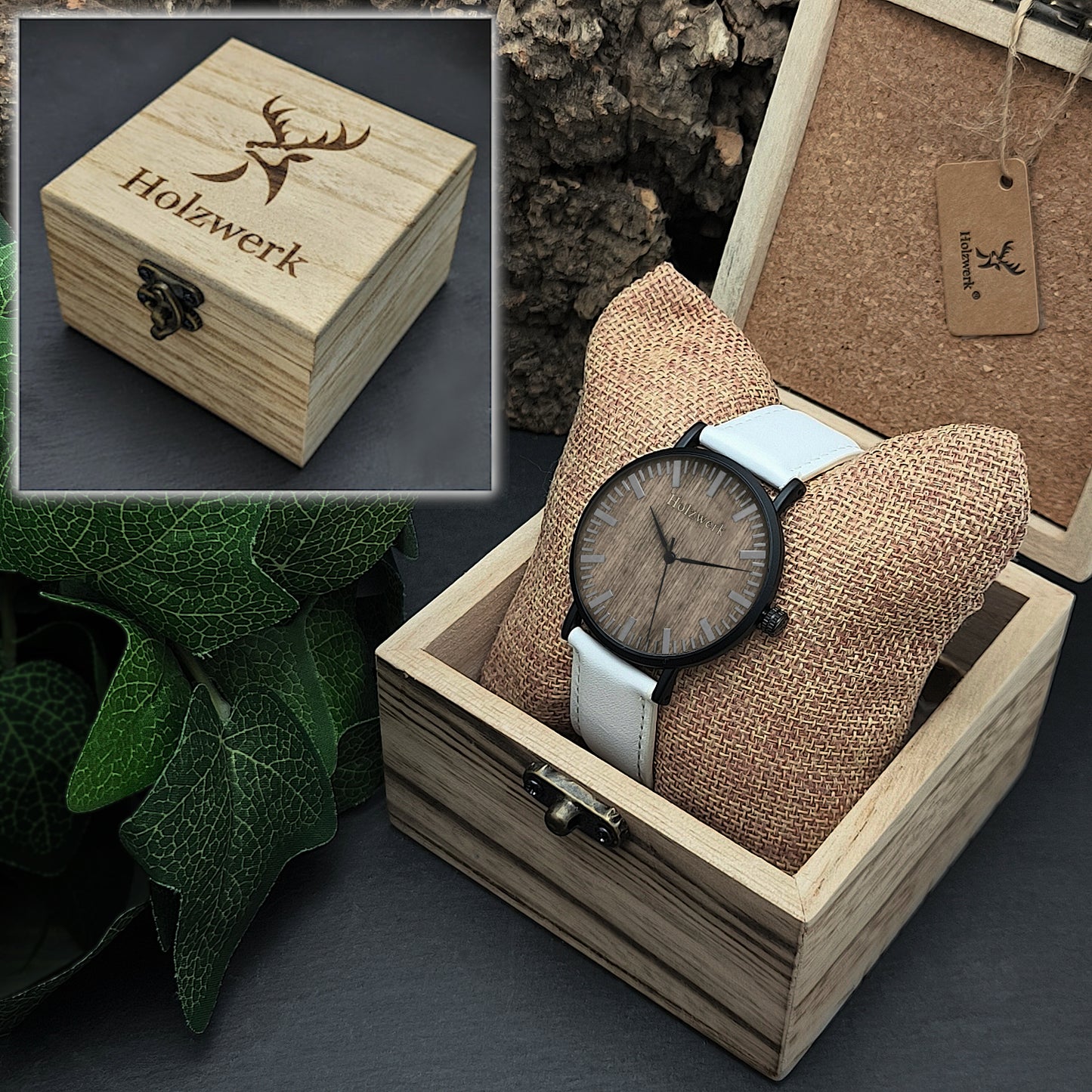 Holzwerk WESEL flache Unisex Uhr aus Holz mit weißem Lederarmband in Holzwerk Originalverpackung