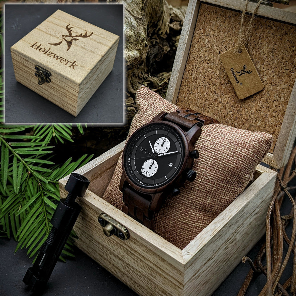 Holzwerk BAUNATAL Herrenuhr mit extravagantem Holz-Ziffernblatt und 2 Chronographen in Braun/Schwarz mit Datum in Uhrenbox