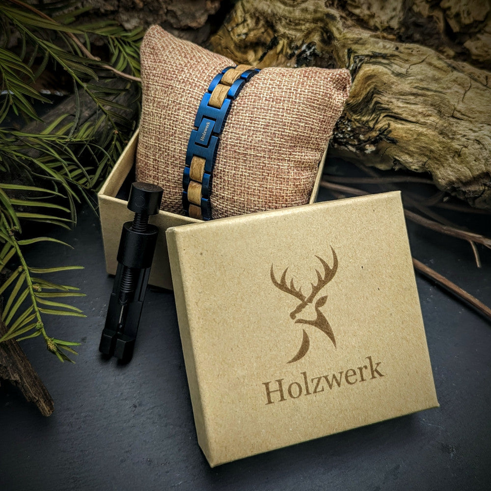 Holzwerk CHIEMSEE Damen und Herren Holz & Edelstahl Armband in blau und beige, in Holzwerk Verpackung mit Armbandkürzer