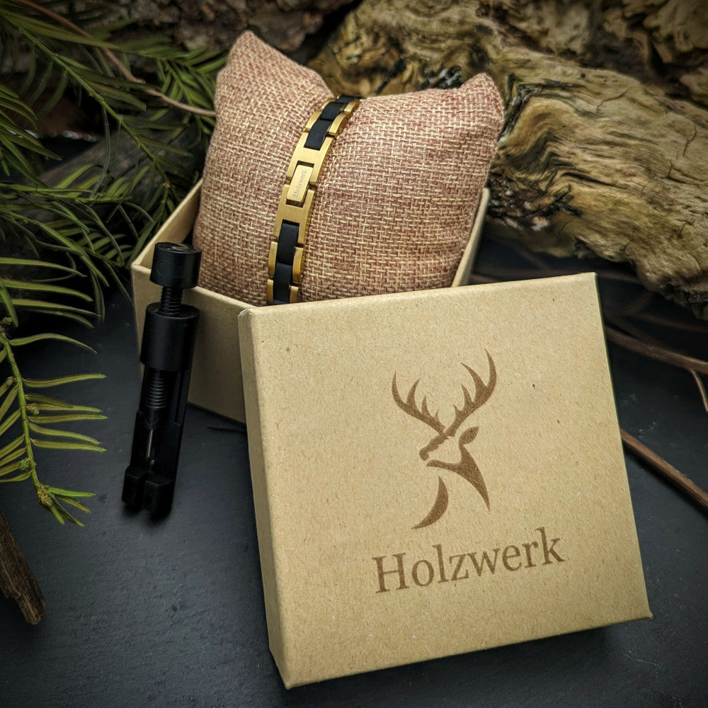 Holzwerk TEGERNSEE Damen und Herren Holz & Edelstahl Armband in gold und schwarz, Aufbewahrungsbox mit Armbandkürzer