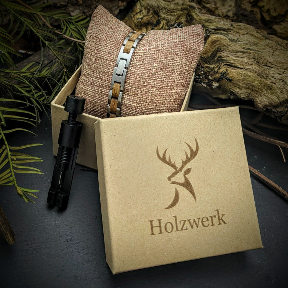 Holzwerk AMMERSEE Damen und Herren Holz & Edelstahl Armband in silber und braun, Aufbewahrungsbox mit Armbandkürzer