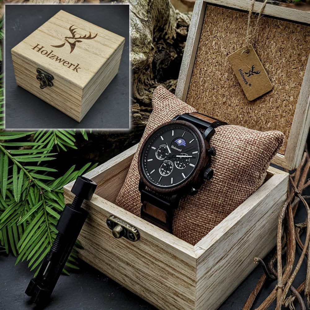 Holzwerk BASSUM Herren-Uhr aus Holz mit drei Chronographen und schwarzen Zifferblatt, in Holzwerk Uhrenbox