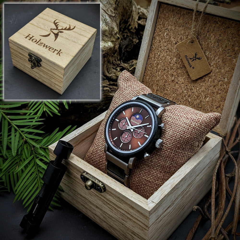 Holzwerk GRONAU Unisexuhr mit silber braunem Ziffernblatt und 4 Chronographen in Holzwerk Uhrenbox