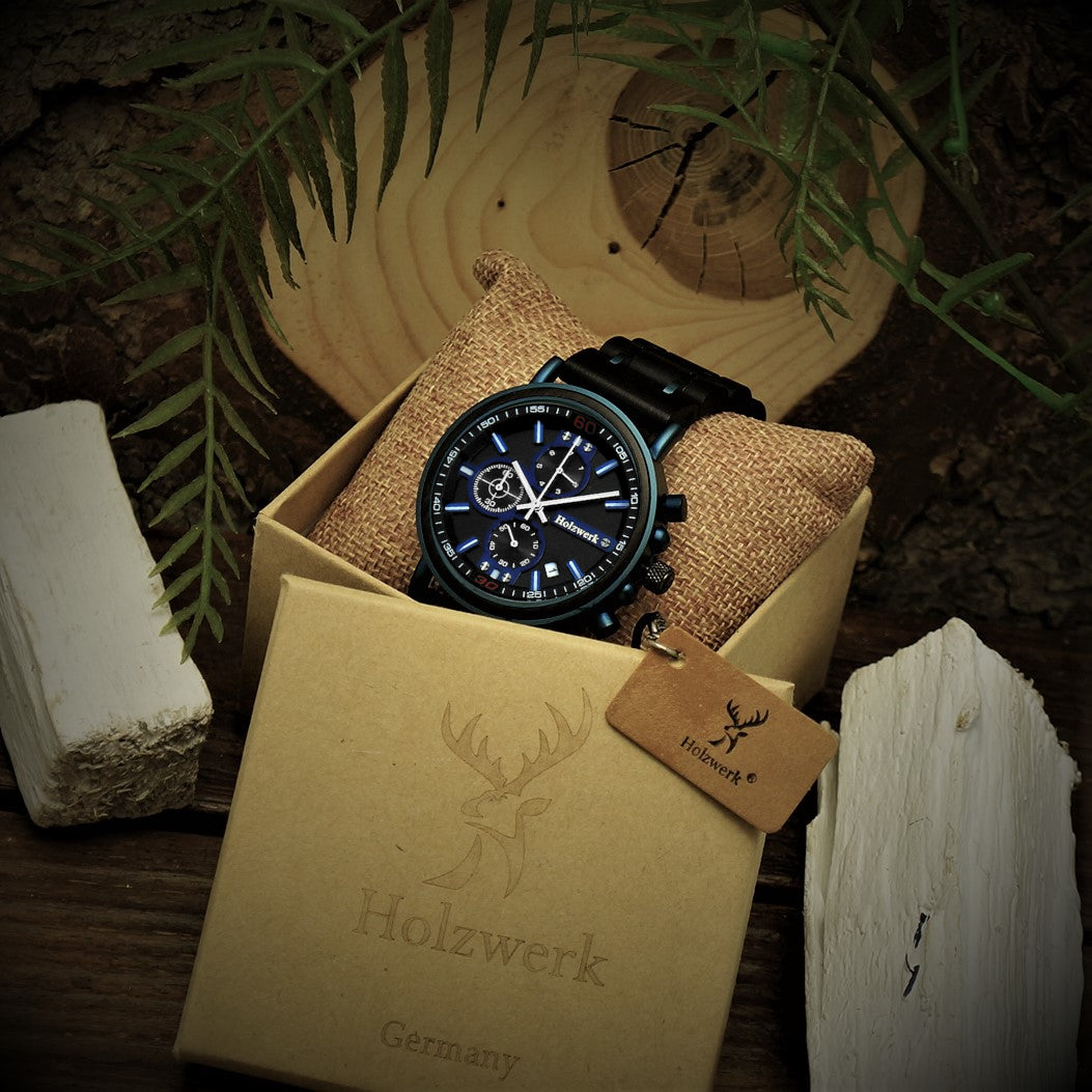 Holzwerk BALVE Chronographen Uhr mit Datumsanzeige, Armbanduhr in Blau und Schwarz und Stoppuhr-Funktion in Holzwerk Verpackung