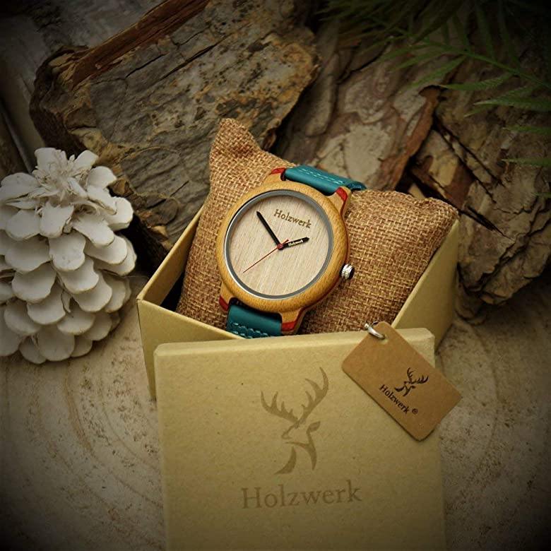 Holzwerk ELSTRA Damenuhr mit beigem Ziffernblatt und türkisem Lederarmband in Holzwerk Verpackung