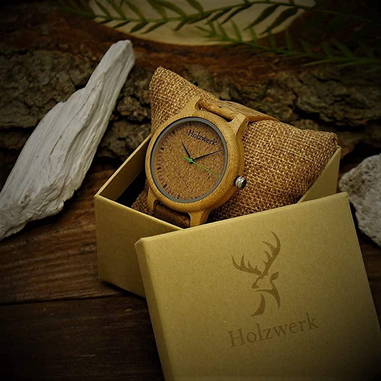 Holzwerk EUTIN Holzuhr mit beigem Holzgehäuse, beigem Kork-Zifferblatt und beige Leder-Kork-Armband in Holzwerk Verpackung