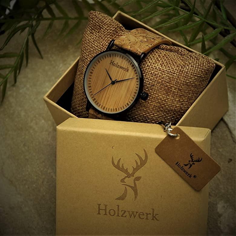 Holzwerk KLAARST Unisex-Armbanduhr mit schwarzem Edelstahlgehäuse, beigem Zifferblatt und beigem Kork-Lederarmband, in Holzwerk Uhrenbox