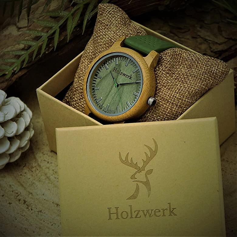 Holzwerk LANDAU Unisex-Uhr aus Holz mit grünem Silikonarmband, grünem Ziffernblatt und Dornverschluss in Holzwerk Verpackung