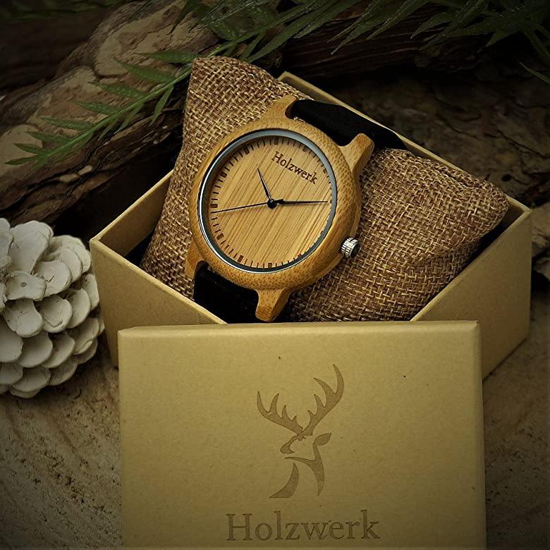 Holzwerk LINDEN Damenuhr aus beigem Holz mit beigem Zifferblatt und schwarzem Silikonarmband, in Holzwerk Uhrenbox