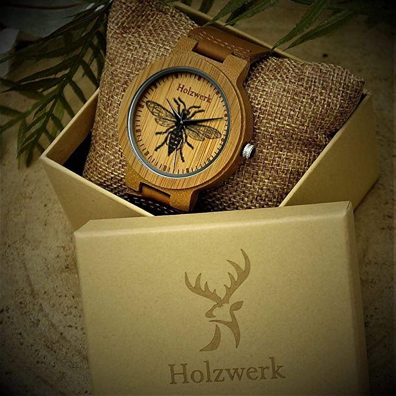 Holzwerk MY BEE Holzuhr mit beigem Gehäuse, Ziffernblatt mit Bienenmotiv und braunem Lederarmband in Holzwerk Verpackung