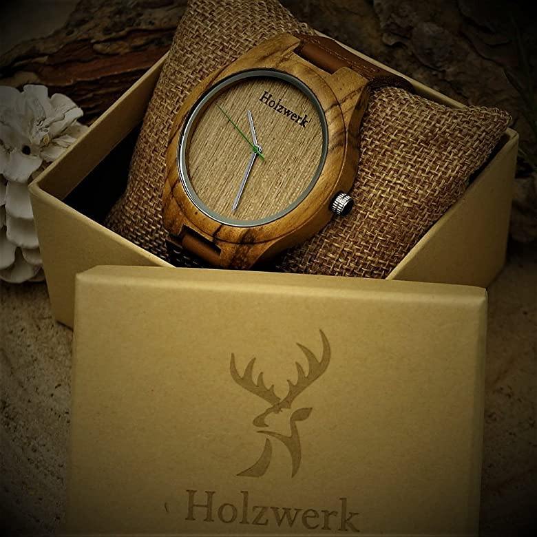 Holzwerk BURGAU Unisex-Uhr aus Holz mit beigem Ziffernblatt und braunem Lederarmband in Uhrenbox