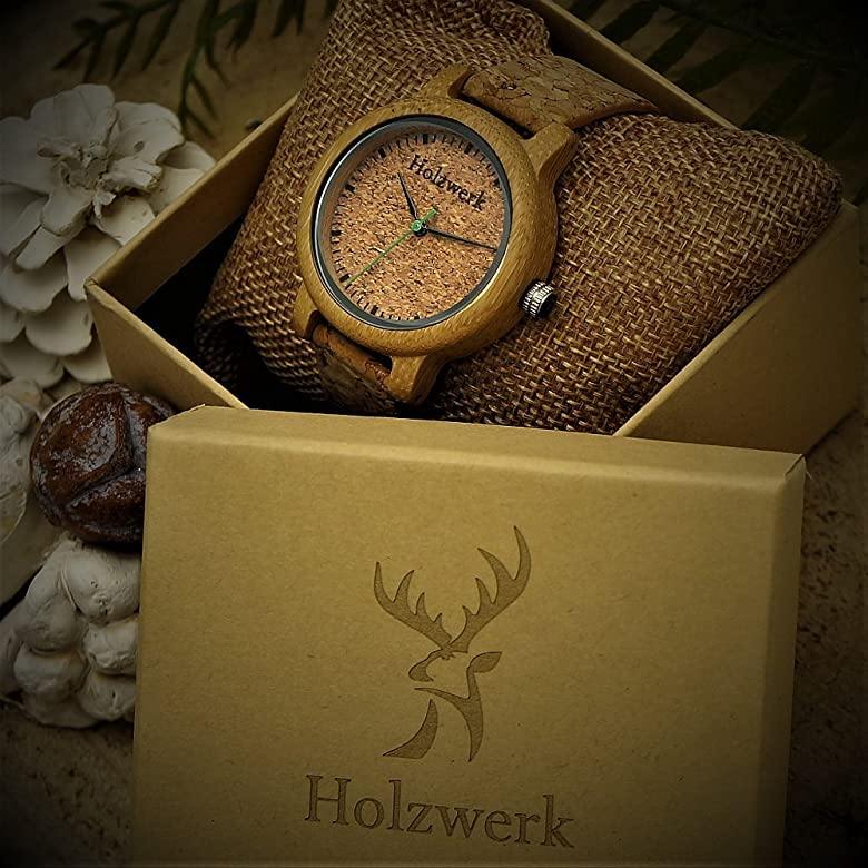 Holzwerk HILDEN Damenuhr mit beigem Kork-Zifferblatt und beigem Leder-Kork-Armband, in Holzwerk Uhrenbox