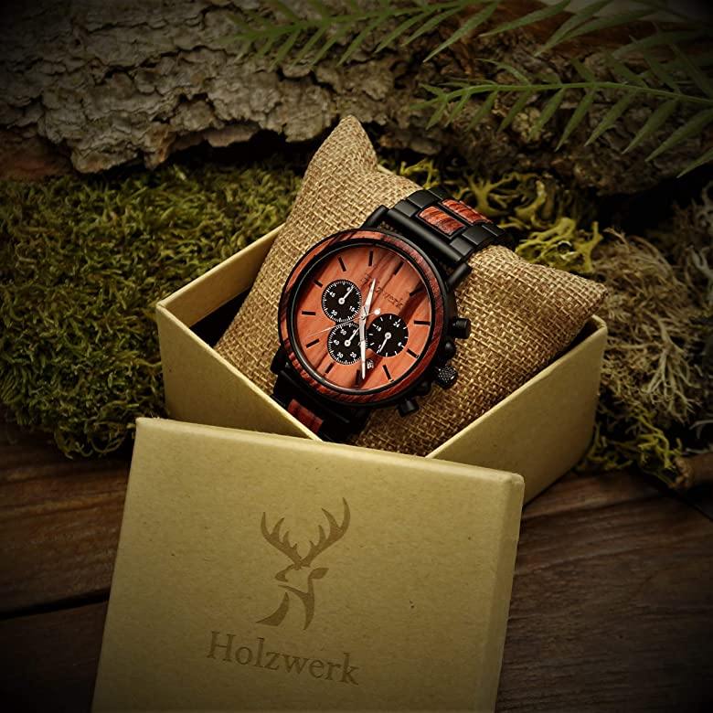 Holzwerk BERNAU aus Holz mit drei Chronographen, Datumsanzeige und rot/schwarzem Zifferblatt, in Holzwerk Uhrenbox