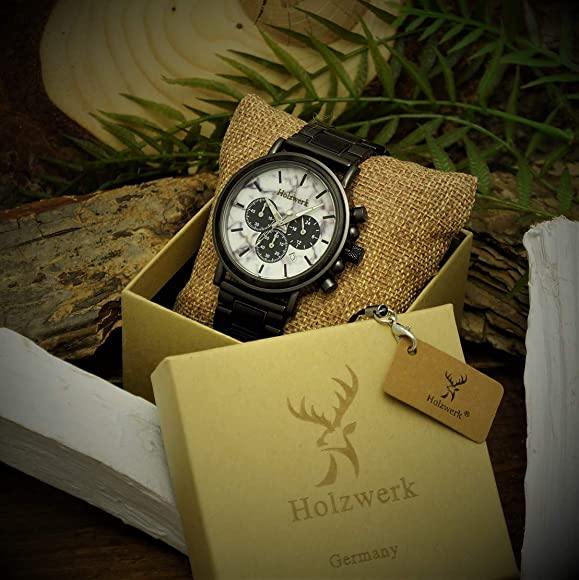 Holzwerk BERCHING Chronographen Uhr mit Ziffernblatt in Marmor-Optik und drei Chronographen inkl. Datum in Holzwerk Verpackung