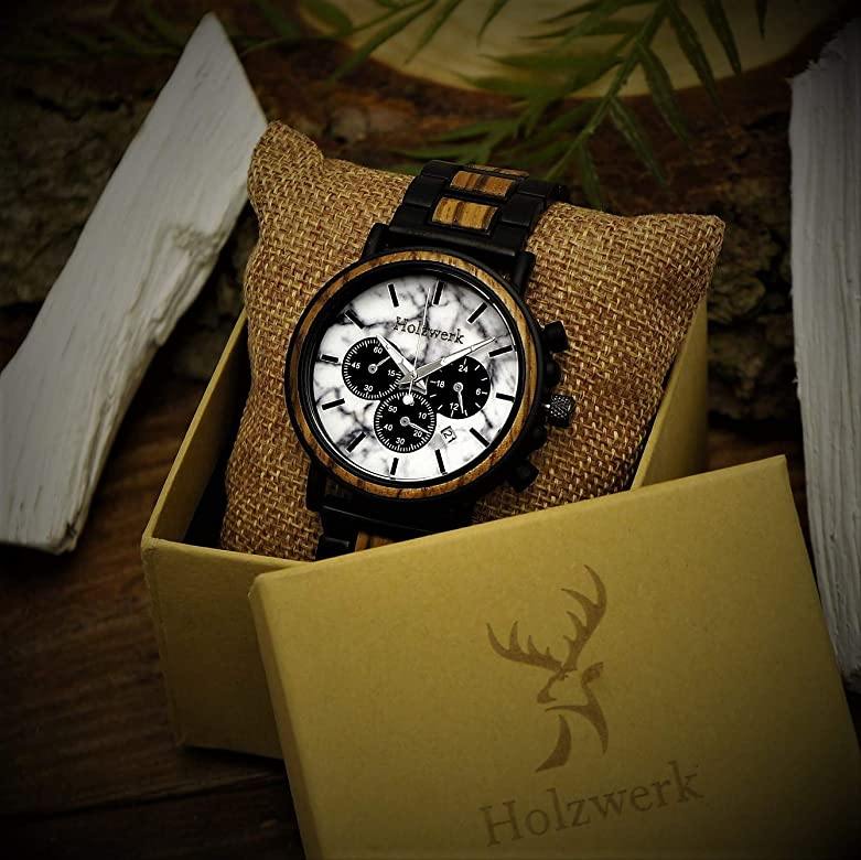 Holzwerk BEILSTEIN Herren Armbanduhr mit weiß-schwarzem Zifferblatt in Marmor-Optik und Chronographen, in Holzwerk Uhrenbox