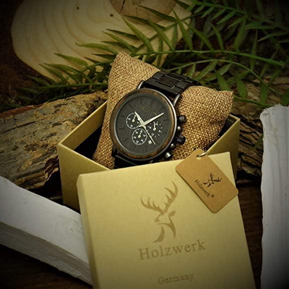 Holzwerk BITBURG Chronographen Uhr mit schwarzem Ziffernblatt und drei Chronographen inkl. Datum in Holzwerk Verpackung