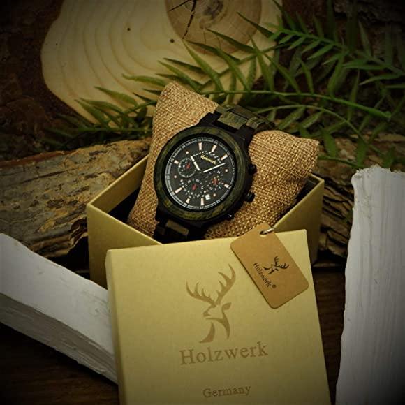 Holzwerk BALINGEN Herrenuhr in Schwarz und Olivgrün, mit drei Chronographen und Datumsanzeige in Holzwerk Verpackung