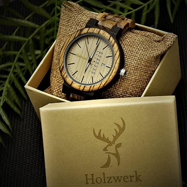 Holzwerk MALCHOW Herren-Uhr aus Holz mit Datums- und Wochentagsanzeige und beigem Zifferblatt in Holzwerk Verpackung