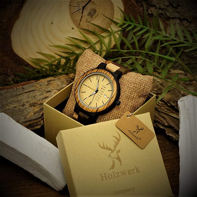 Holzwerk NORDENHAM Herrenuhr aus Holz mit Datums- und Wochentagsanzeige und beigem Zifferblatt in Holzwerk Verpackung