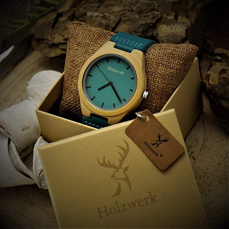 Holzwerk GRANSEE Holzuhr mit beigem Gehäuse sowie türkisblauem Ziffernblatt und breitem Lederarmband in Holzwerk Uhrenbox