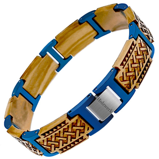 Holzwerk ALATSEE Armband aus Olivenholz und Edelstahl in Blau und Beige mit Gliederdesign und Klappverschluss, Frontal