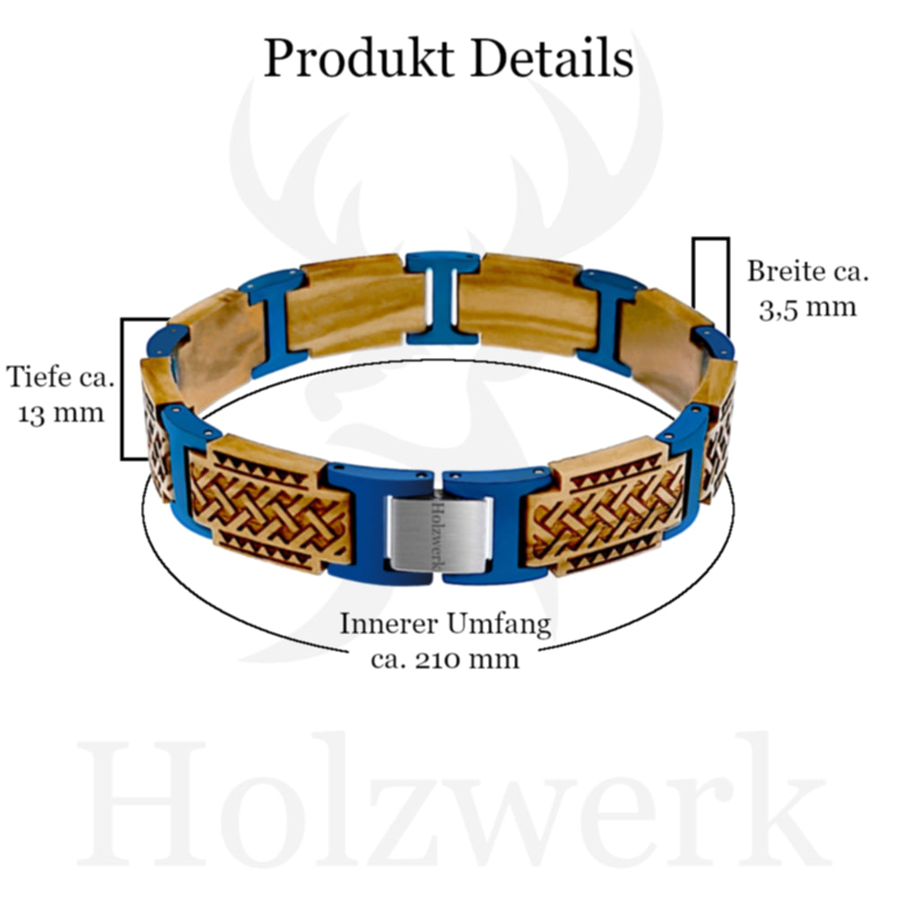 Holzwerk ALATSEE Armband aus Olivenholz und Edelstahl in Blau und Beige mit Gliederdesign mit Maßangaben