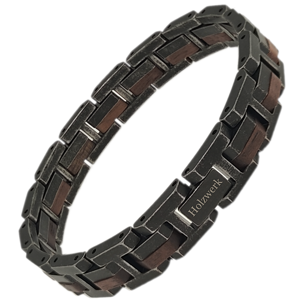 Holzwerk ALLERSEE anthrazit-braunes  Holz Armband aus Walnussholz und Edelstahl mit Gliederkonstruktion Schrägansicht