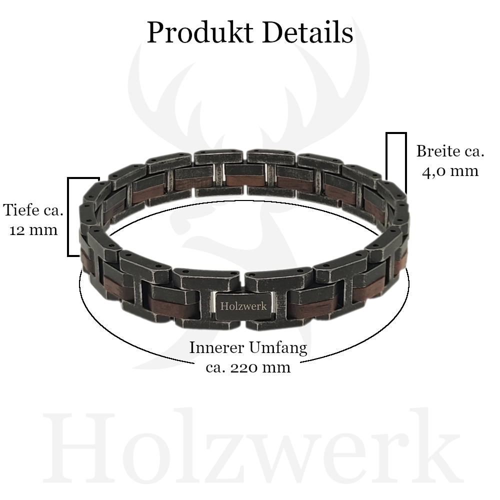 Holzwerk ALLERSEE anthrazit-braunes  Holz Armband aus Walnussholz und Edelstahl mit Maßangaben