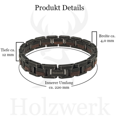 Holzwerk ALLERSEE anthrazit-braunes  Holz Armband aus Walnussholz und Edelstahl mit Maßangaben