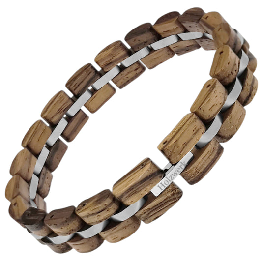 Holzwerk ALPSEE braun-silbernes Holz Armband aus hochwertigem Holz und Edelstahl mit Gliederkonstruktion, Frontansicht