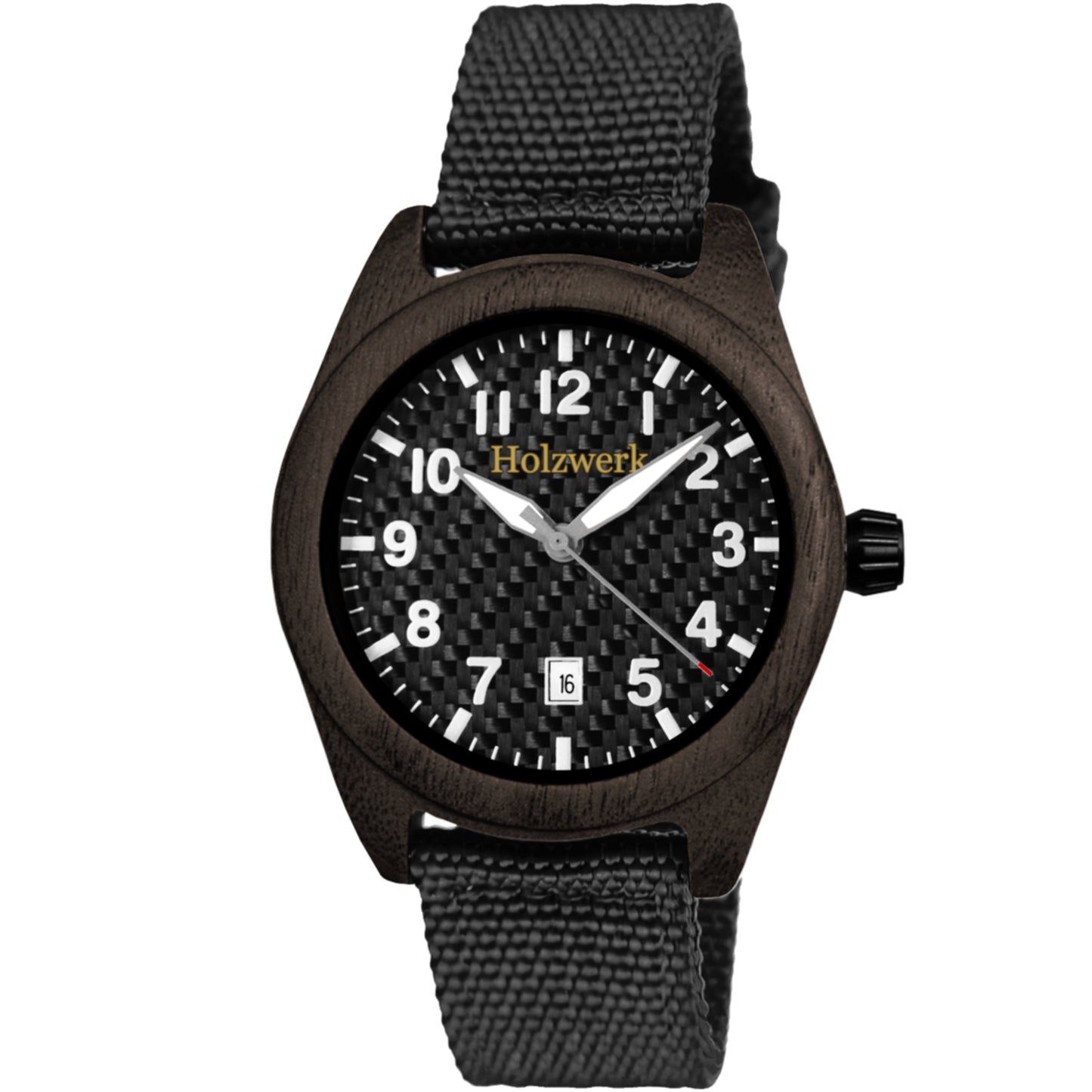 Holzwerk AMRUM Unisex Uhr aus Holz mit schwarzem Zifferblatt, Datumsanzeige und Textil-Nylonarmband, Frontansicht der Quarzuhr