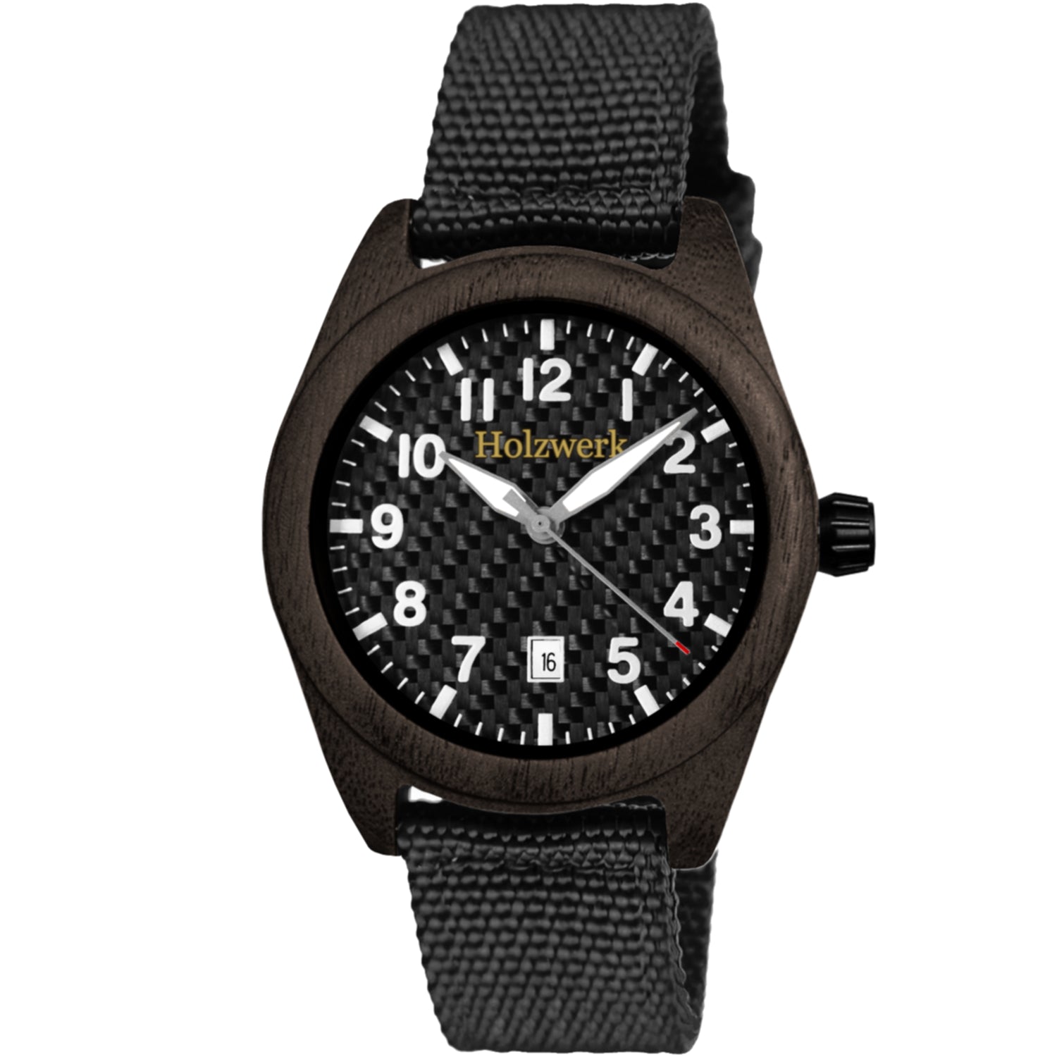 Holzwerk AMRUM Unisex Uhr aus Holz mit schwarzem Zifferblatt, Datumsanzeige und Textil-Nylonarmband, Frontansicht der Quarzuhr