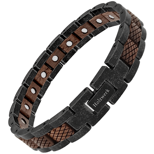 Holzwerk ARENDSEE anthrazit-braunes  Holz Armband aus Walnussholz und Edelstahl mit Gliederkonstruktion Frontansicht