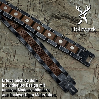 Holzwerk ARENDSEE anthrazit-braunes  Holz Armband aus Walnussholz und Edelstahl, Detailansicht der Gliederkonstruktion
