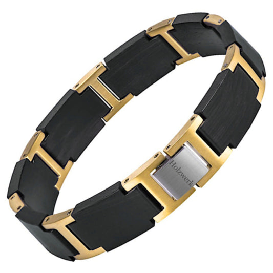 Holzwerk AUENSEE Armband aus Ebonyholz und Edelstahl in Gold und Schwarz mit Gliederdesign und Klappverschluss, Frontal