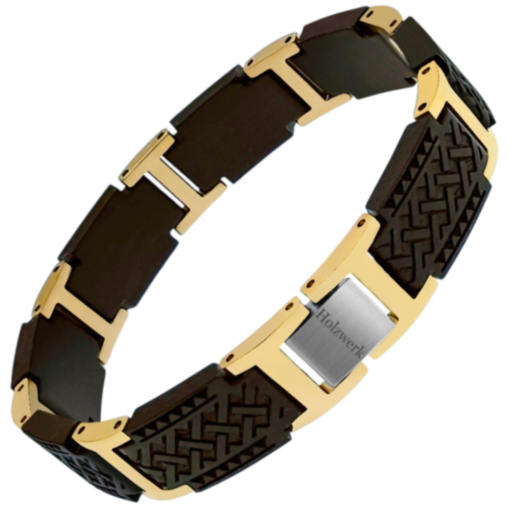 Holzwerk BALKSEE Armband aus Ebonyholz und Edelstahl in Gold und Schwarz mit Gliederdesign und Klappverschluss, Frontal