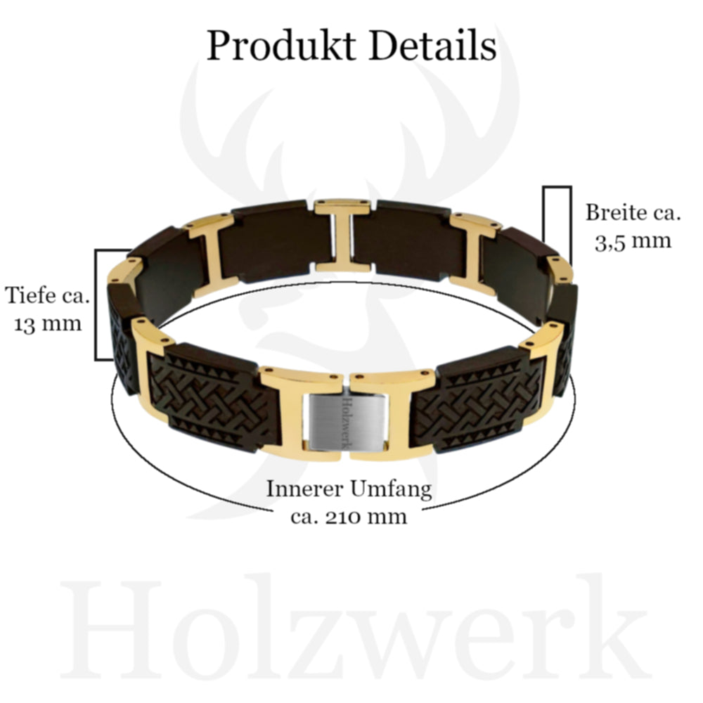 Holzwerk BALKSEE Armband aus Ebonyholz und Edelstahl in Gold und Schwarz mit Gliederdesign und Maßangaben