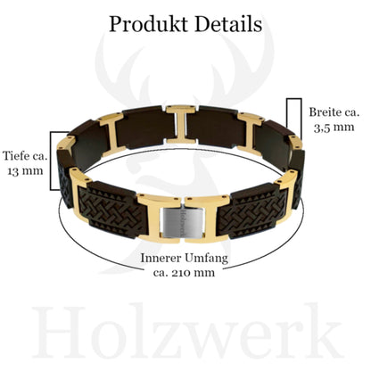 Holzwerk BALKSEE Armband aus Ebonyholz und Edelstahl in Gold und Schwarz mit Gliederdesign und Maßangaben