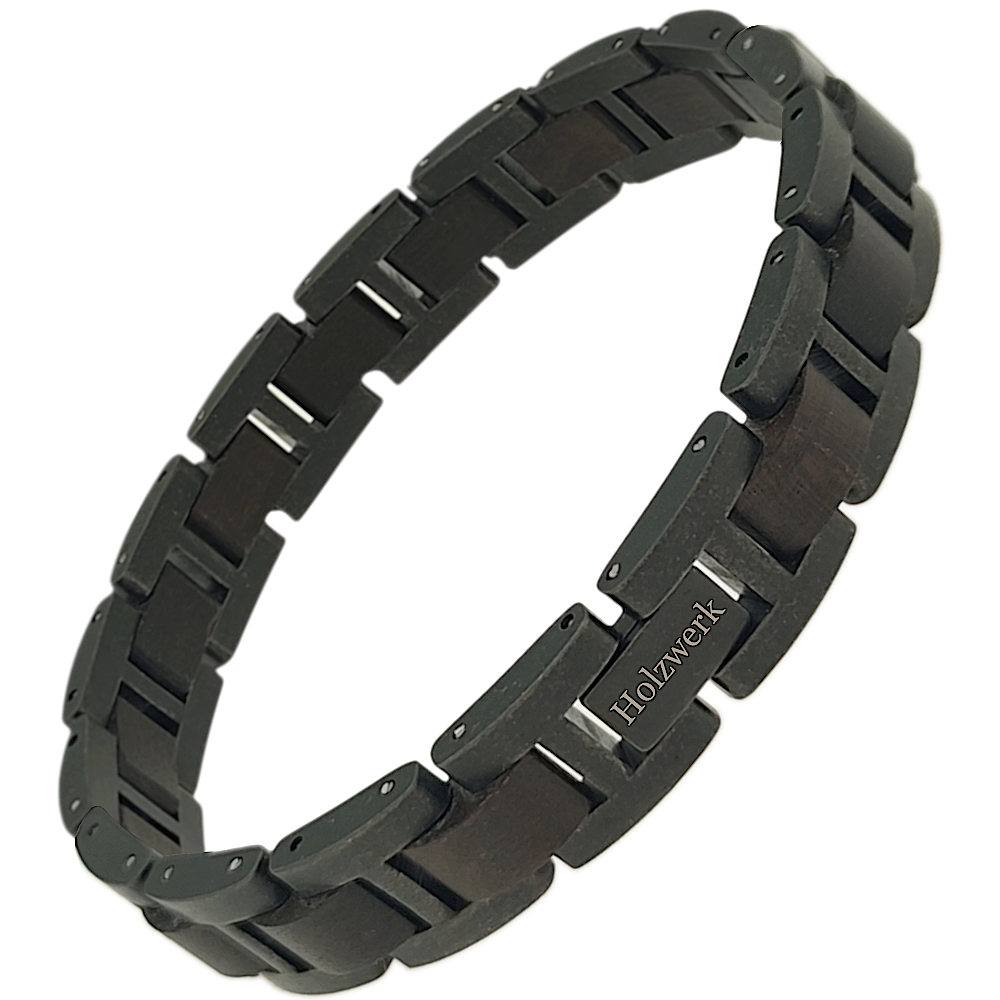 Holzwerk BALZSEE schwarz-braunes  Holz Armband aus Ebonyholz und Edelstahl mit Gliederkonstruktion Schrägansicht