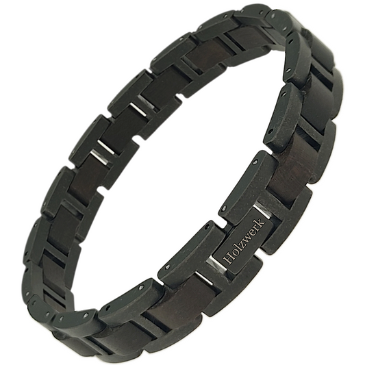 Holzwerk BALZSEE schwarz-braunes  Holz Armband aus Ebonyholz und Edelstahl mit Gliederkonstruktion Schrägansicht