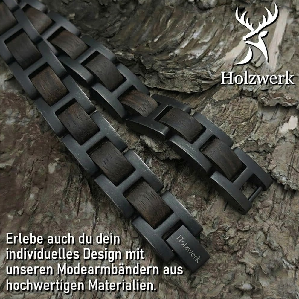 Holzwerk BALZSEE schwarz-braunes  Holz Armband aus Ebonyholz und Edelstahl, Detailansicht der Gliederkonstruktion