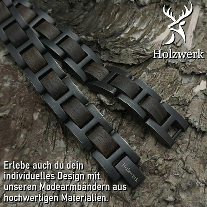 Holzwerk BALZSEE schwarz-braunes  Holz Armband aus Ebonyholz und Edelstahl, Detailansicht der Gliederkonstruktion