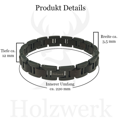 Holzwerk BALZSEE schwarz-braunes  Holz Armband aus Ebonyholz und Edelstahl mit Maßangaben
