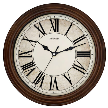 Holzwerk BEDBURG 35 cm Vintage Quarz-Wanduhr mit Frontansicht und römischen Ziffern