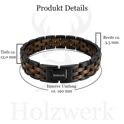 Holzwerk BERGSEE braun-schwarzes Holz Armband aus Walnussholz und Edelstahl mit Gliederkonstruktion mit Maßangaben